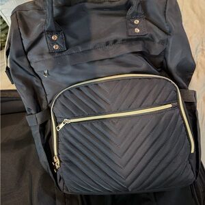 Quilted Chevron Front Pocket Backpack - Black with Gold Zippers